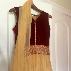 Beige Net Dress with rich maroon velvet bodice gold  embroidery Anarkali